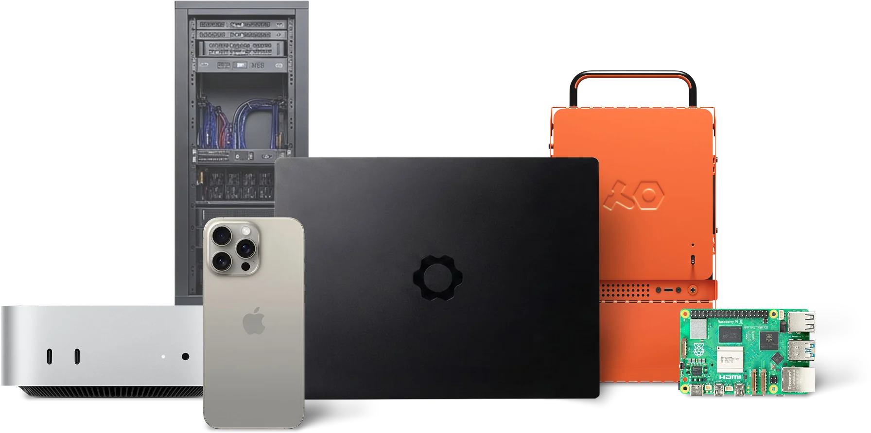 A server rack, a mini desktop, a phone, a laptop, a small orange server and a Raspberry Pi, side by side.