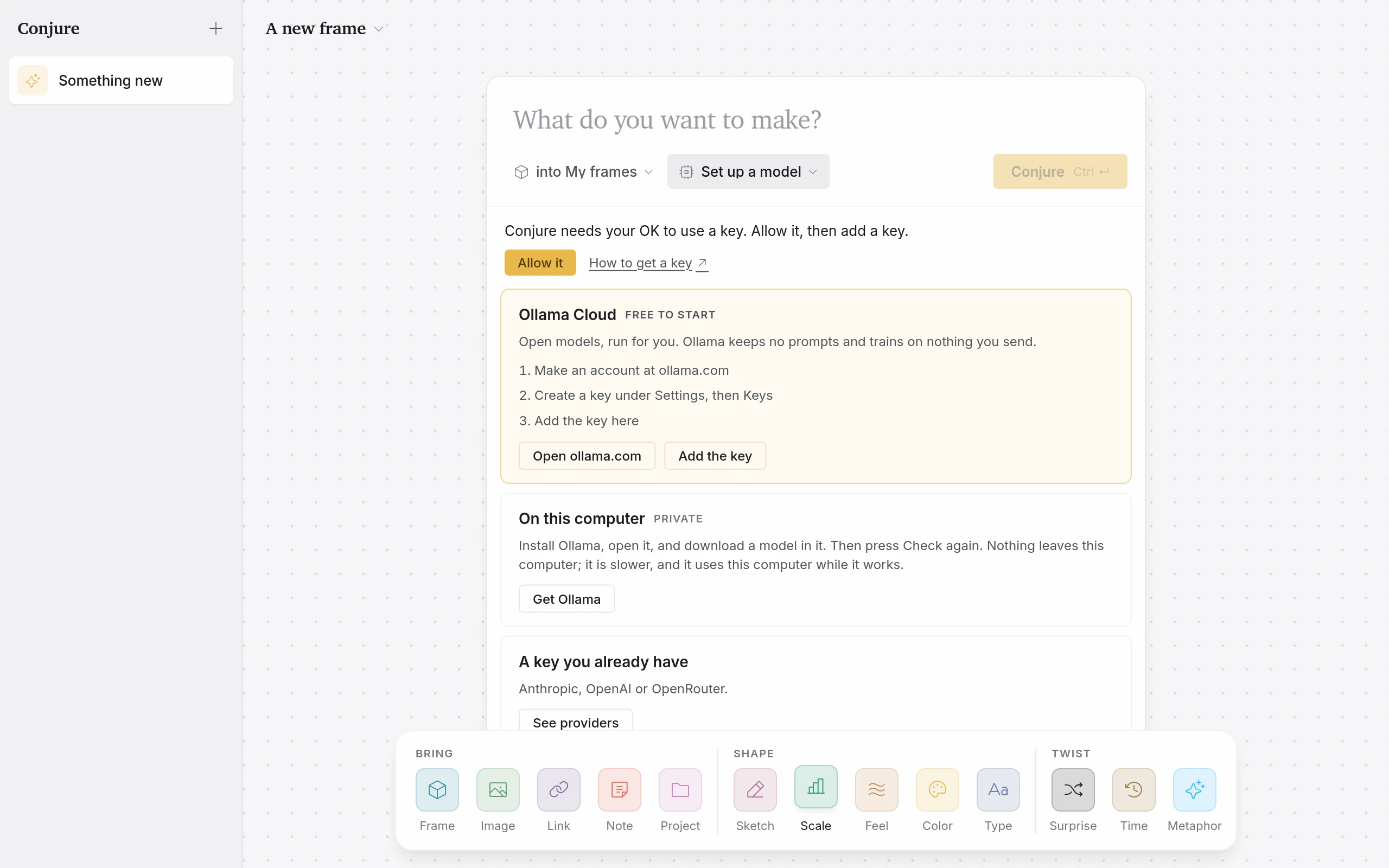 Conjure before a model is set up: three steps to a free Ollama key, the first way in
