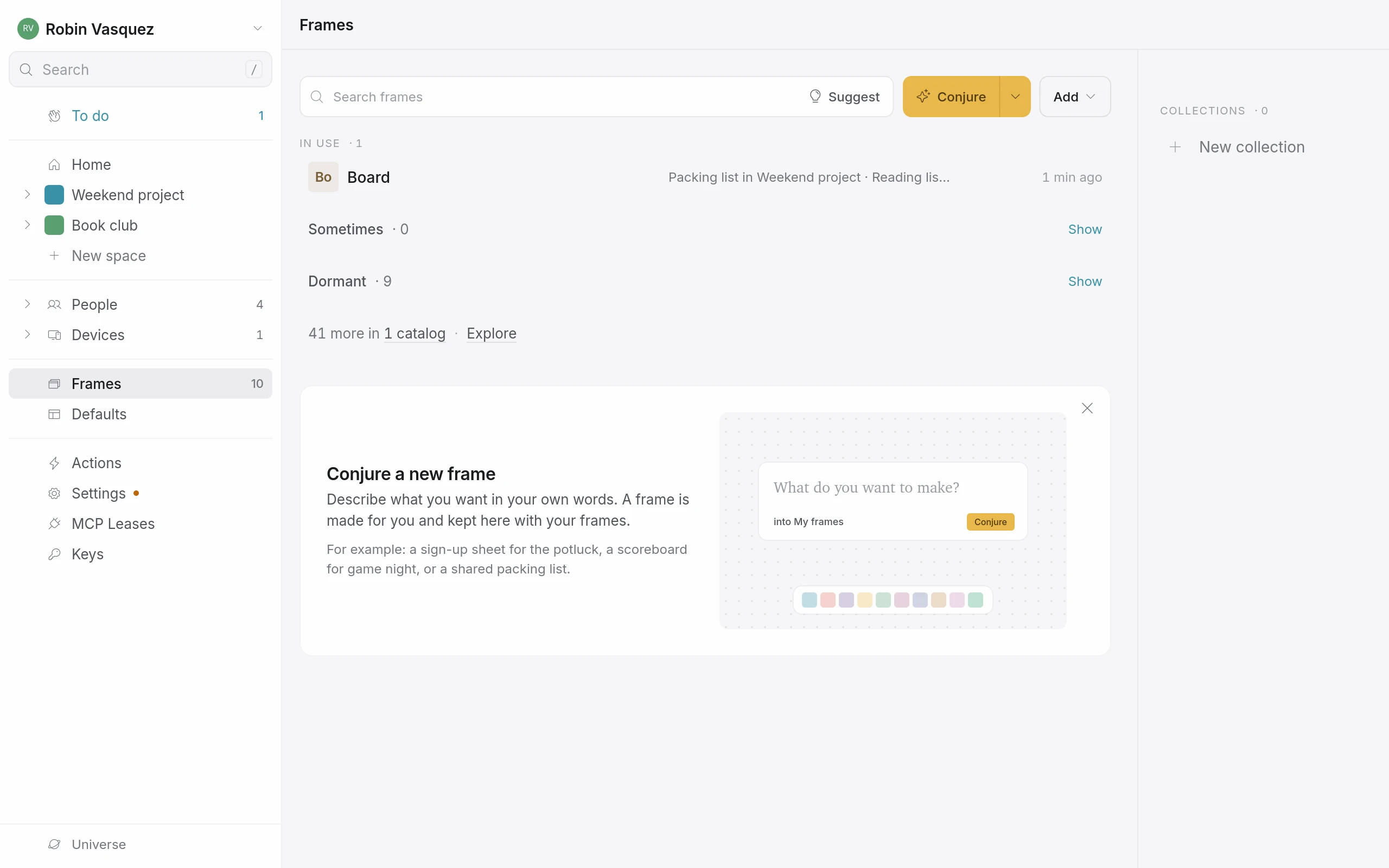 The Frames page: in use, catalogs and collections