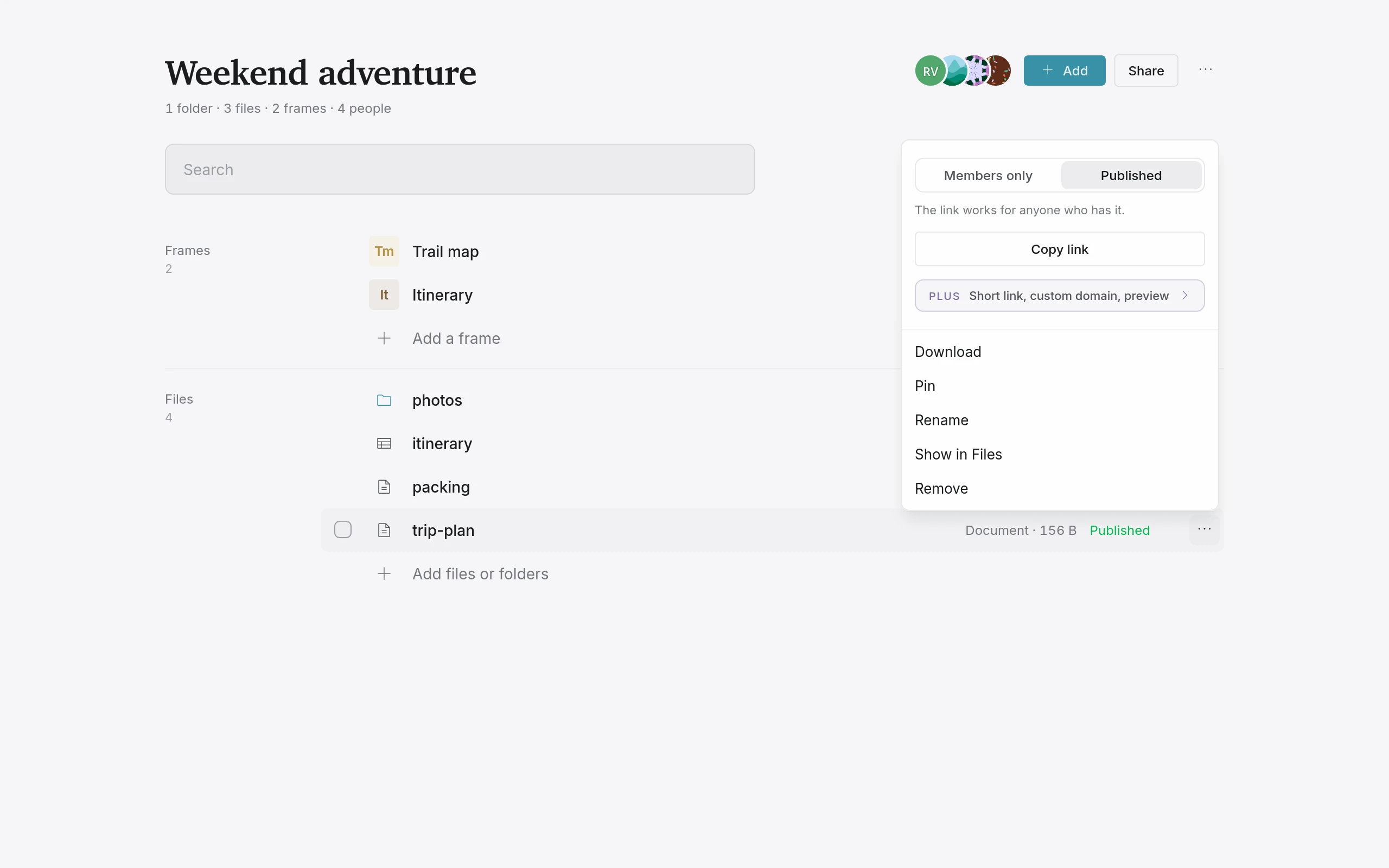 The menu on a file: Members only or Published, and Copy link